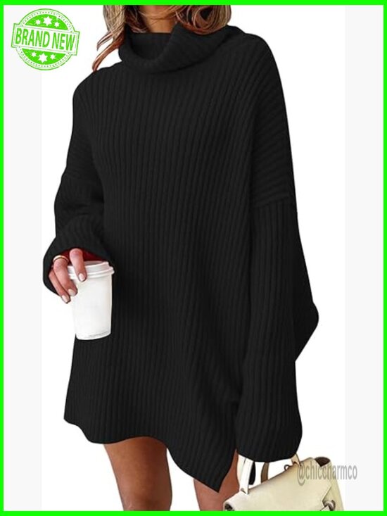 Sweaters - Oversized Turtleneck Sweater Dress Plus Size Pullover Knit Winter Tunic